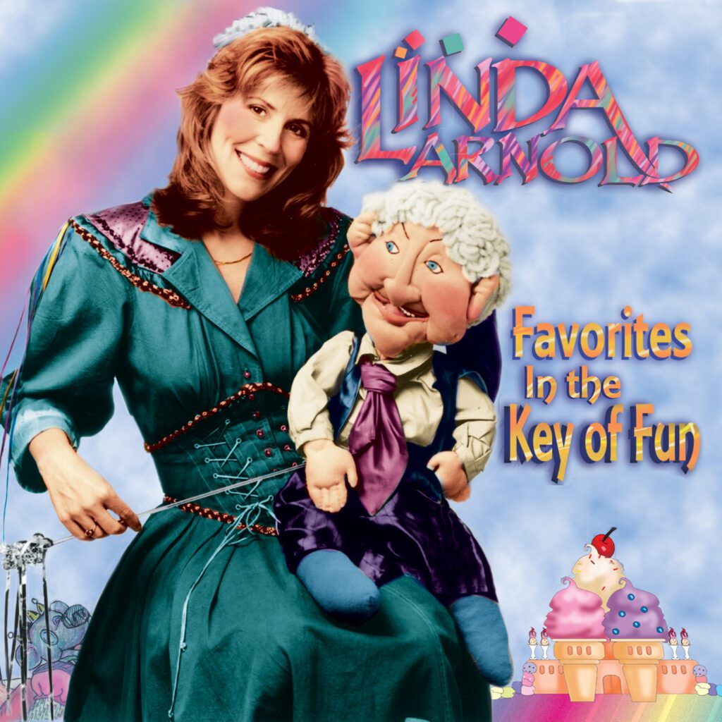 Woman with puppet and rainbow background